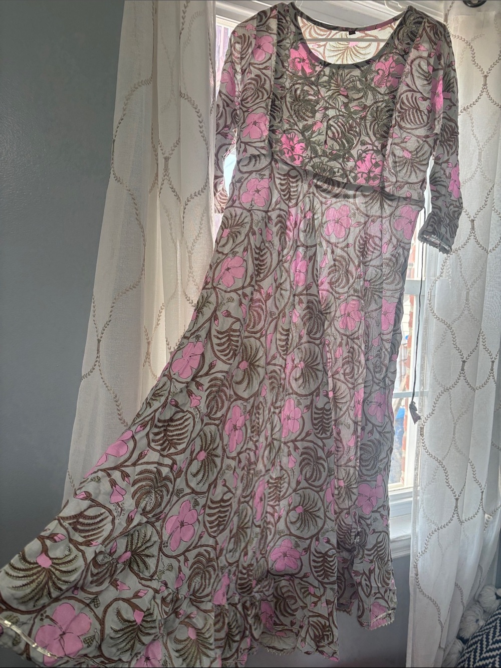 Indian Punjabi Pakistani long cotton kurti floral Pink & Brown